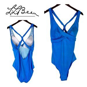 LL Bean Swimsuit 16 XL 1X One Pc. Blue Strappy UPF 50+ Protection Slimming